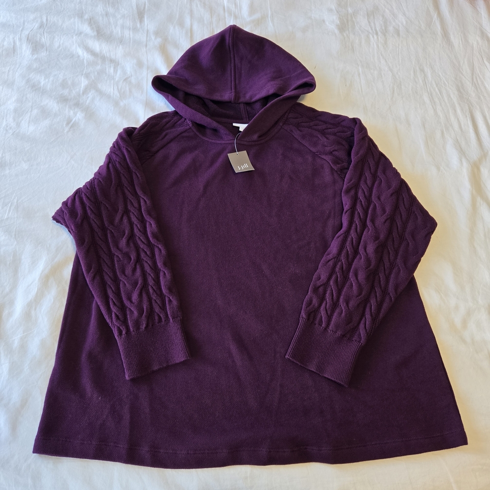 J.Jill French Terry & Cable Knit Sleeve Hoodie, Cotton, Purple, Size XL, NWT - Picture 6 of 13
